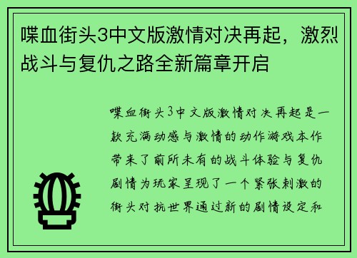 喋血街头3中文版激情对决再起，激烈战斗与复仇之路全新篇章开启