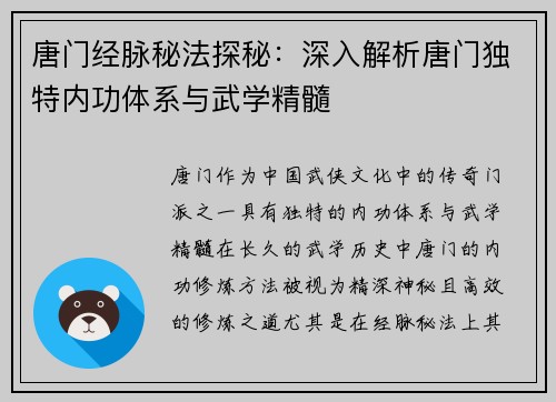 唐门经脉秘法探秘：深入解析唐门独特内功体系与武学精髓