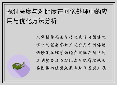 探讨亮度与对比度在图像处理中的应用与优化方法分析