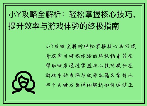 小Y攻略全解析：轻松掌握核心技巧，提升效率与游戏体验的终极指南